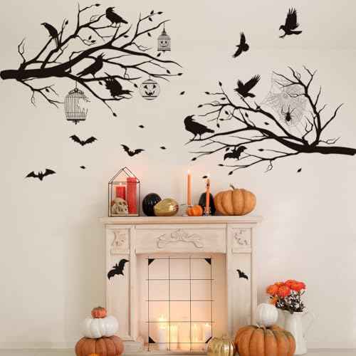 Halloween Wall Decals Black Tree Branch Wall Stickers Gothic Crow Stickers Mural Halloween Party Decorations Peel and Stick Wall Art for Bedroom Living Room