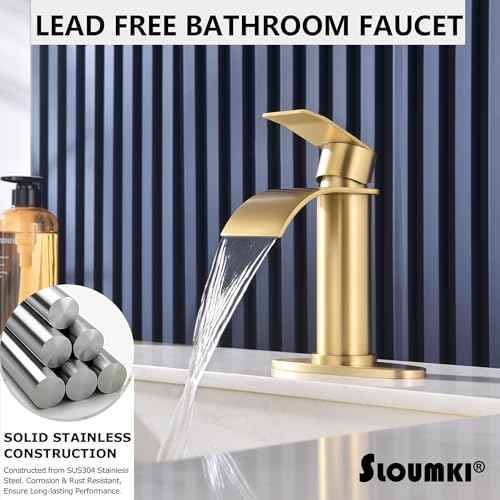 Brushed Gold Waterfall Bathroom Faucet Single Hole, Gold Bathroom Faucet for Sink 1 Hole with 6 in Deck Plate and Pop Up Drain and Supply Hose, Modern Bathroom Sink Faucet