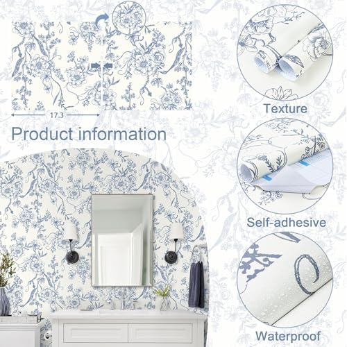 Peel and Stick Wallpaper Periwinkle Blue Wall Paper Floral Contact Paper Removable Self Adhesive Leaf Boho Waterproof Wallpaper for Walls Vinyl Rolls 16.1"x78.7"