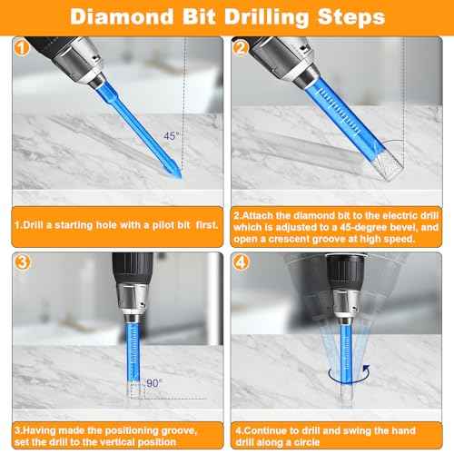 9 Piece Dry Diamond Drill Bits Set, Tile Drill Bits for Glass, Granite, Ceramic, Tile, Quartz Stone, Sizes 1/4" 5/16" 3/8" 1/2", Built-in Solid Cooling Wax, Fast Dry Drilling, Round Shank