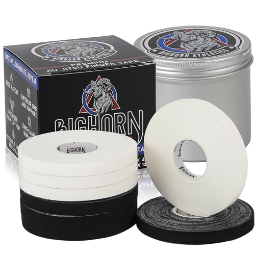 Bighorn Athletics Pro Series Jiu-Jitsu Finger Tape, 8-Rolls with Tin Holder, Enhanced Extra Strength, Residue-Free (0.3-Inch, Black/White)