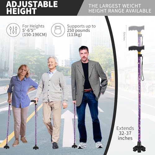Walking Cane ATMTV Cane for Woman | Mobility & Daily Living Aids | 5-Level Height Adjustable Walking Stick | Comfortable Plastic T-Handle Portable Folding Cane with Replace Tip Purple Flower