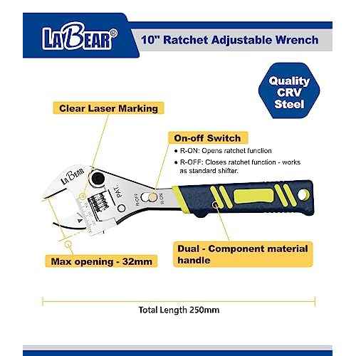 LABEAR- 10 inch long x 1-1/4 inch(32mm) Adjustable Ratchet Wrench