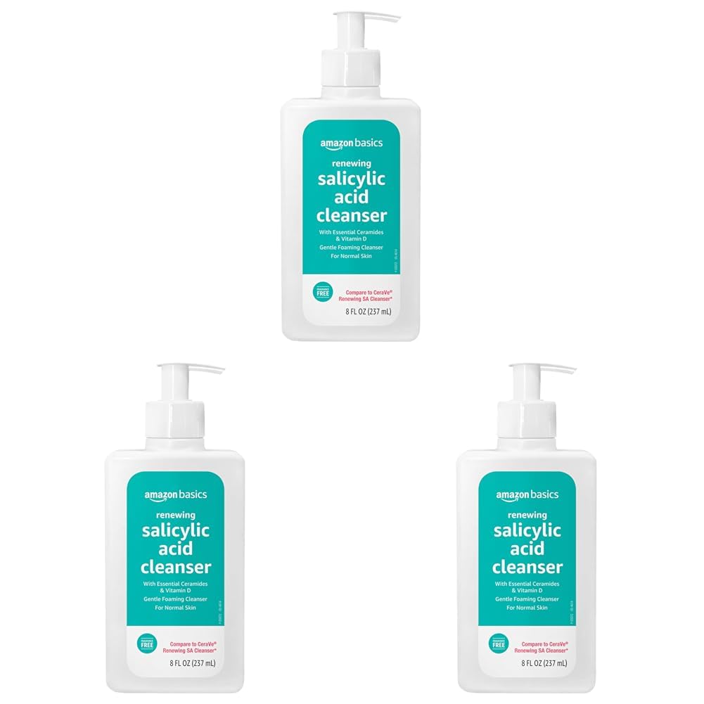 Amazon Basics Exfoliating Face Wash Cleanser, Renewing Salicylic Acid with Ceramides & Vitamin D, Foaming Formula, Smooths Skin, 8 fl oz (Pack of 3)