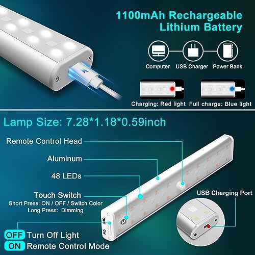 LED Under Cabinet Lighting Wireless, Dimmable LED Closet Light Rechargeable, Remote Control Kitchen Counter Lighting 15 Color Changing RGB Bar Perfect for Bedroom Indoor Pantry Shelf, 6 Pack