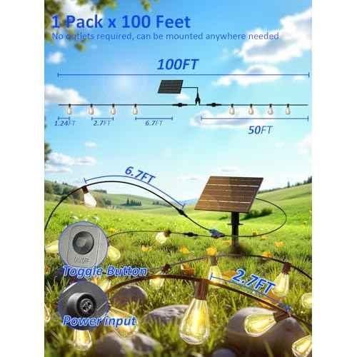 luckystyle 100FT Solar String Lights Outdoor Waterproof with 36+2 LED Bulbs Long Last for 20+Hrs, Commercial Grade Shatterproof Patio Solar Powered Lights for Camping£¬Backyard, Garden, Porch Decor