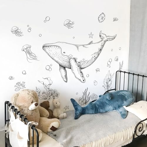 Ocean Whale Wall Decals, Ocean Animal Fish Seaweed Grass Jellyfish Wall Sticker Peel and Stick Under The Sea Art Decor for Boy Girls Kids Baby Nursery Bedroom Bathroom Hall