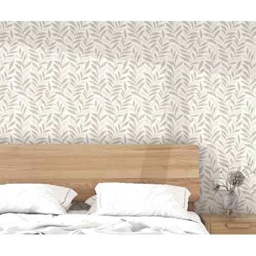Leaf Peel and Stick Wallpaper Boho 17.3" X 78.8" Beige and White Wallpaper Self Adhesive Removable Wall Paper for Bathroom Kitchen Wallpapers Leaf Contact Paper for Walls Vinyl Roll