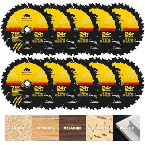 Circular Saw Blade 7 1/4" 24T Wood Cutting Framing/Fine Finish Circular Saw Blade, 5/8" Arbor, TCT Carbide-Tipped, Teflon Anti-Stick, Miter Saws Blades for Wood, MDF, OSB, Laminated, Plywood (10 Pack)