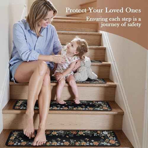 OJIA Floral Stair Treads Non-Slip Carpet Stair Treads for Wooden Steps Indoor 15PCS 30"x8" Stair Runner Stair Mats Staircase Step Treads for Kids, Elders and Dogs, Stair Covers, Black