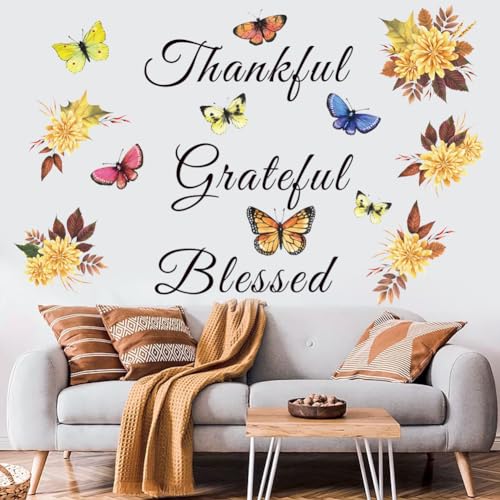 Inspirational Wall Decal Quote Grateful Thankful Blessed Wall Decor Removable Peel and Sticker Vinyl Wall Paper Wall Sticker for Kitchen Dining Room Living Room Bedroom.
