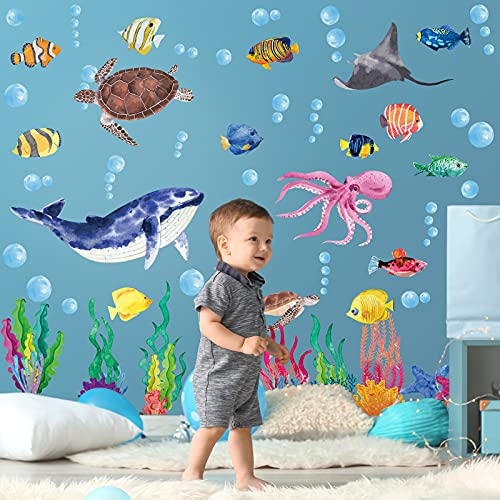 114 Piece Ocean Fish Wall Decals, Under The Sea Wall Decals - Under The Sea Fish & Jellyfish Removable Decor - Peel & Stick - for Kids, Baby, Bathroom, Bedroom, Living Room
