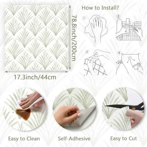 Modern Peel and Stick Wallpaper Geometric 17.3''¡¿78.8'' Leaf Wall Paper Light Green/White Wallpapers Boho Self Adhesive Removable Wallpaper Bedroom Contact Paper for Cabinets and Drawers Decor Vinyl