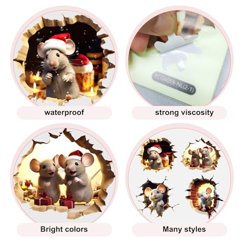 4 Pcs 3D Christmas Mouse Hole Wall Decal Glow in The Dark, Cute?Luminous Christmas Wall Decals, Peel and Stick Cracked Mouse Wall Stickers Fun Decal for Living Room, Bedroom, Bathroom (Style 2)