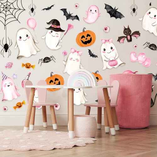 Whaline 9 Sheets Halloween Wall Stickers Pink Ghost Pumpkin Bats PVC Wall Decals Cute Self-Adhesive Decoration for Halloween Party Home Classroom Office