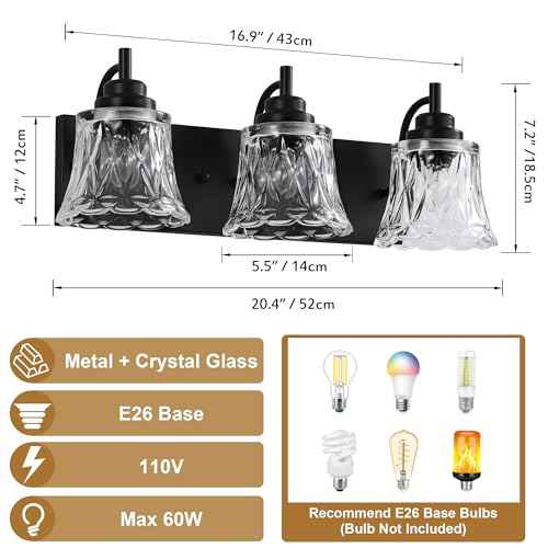 Bathroom Light Fixtures, 3 Lights Black Vanity Lights for Bathroom, Matte Black Antique Finish with Crystal Glass Shade, Farmhouse Lighting Fixtures Over Mirror for Bedroom, Living Room