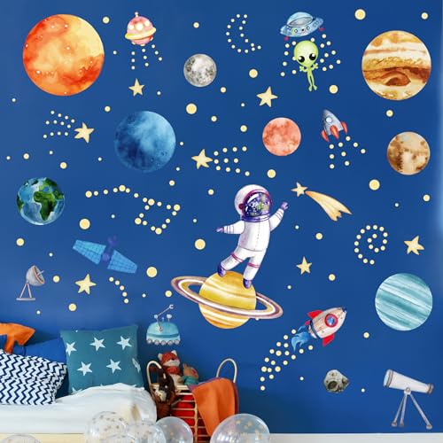 Watercolor Solar System Wall Decals, Glow in The Dark Stars, Kids Planets Sticker for Ceiling, Astronaut Wall Stickers for Bedroom, Green
