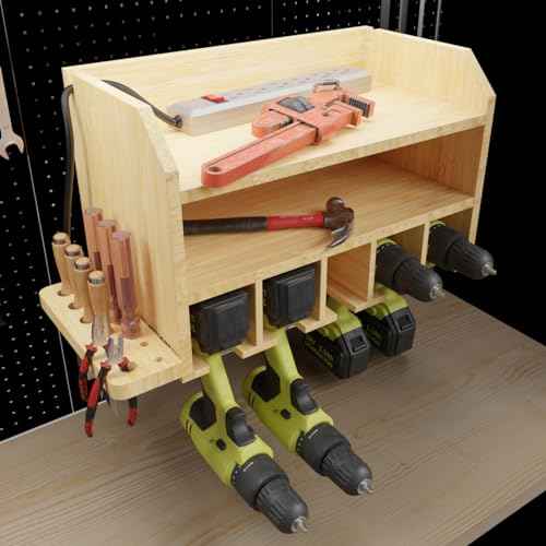 DupliM Bamboo Wall-Mounted Power Tool Organizer, Power Drill Holder and Tool Storage Rack - FSC-Certified ? Assembly Required