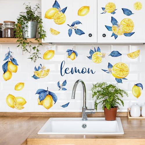 Whaline 12 Sheets Capri Lemon Wall Stickers Blue Yellow Fruit Wall Decals Watercolor Room Mural Stickers for Summer Party Home Nursery, 7.9 x 11.8 Inch