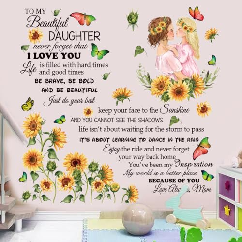 Inspirational Quote Decal for Daughter - Removable Peel & Sticker Vinyl Wall Sticker, Floral Theme for Bedroom, Playroom, Living Room - Yellow