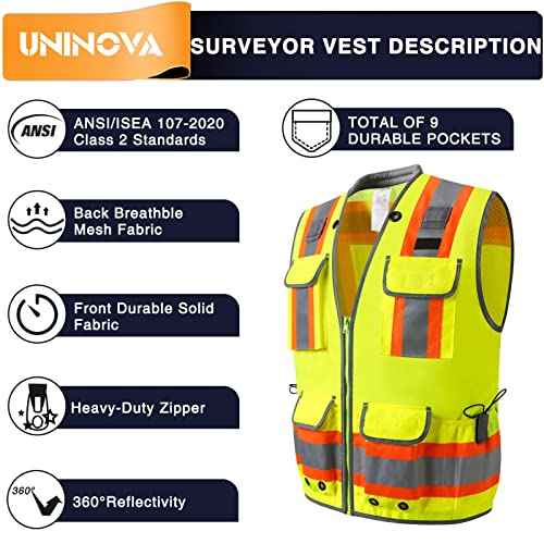 UNINOVA Surveyor Safety Vest Reflective for Men,Class 2 Heavy Duty Safety Vests Reflective with Pockets and Zipper