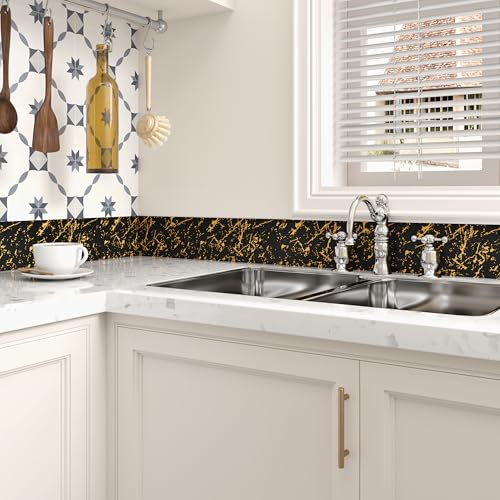 Wallercity Black/Gold Wallpaper Border Peel and Stick Removable Mirror Frame Border Matte Marble Wall Paper Bathroom Wallpaper Waterproof Borders for Walls Living Room Bedroom Restrooms 3.94x197 in