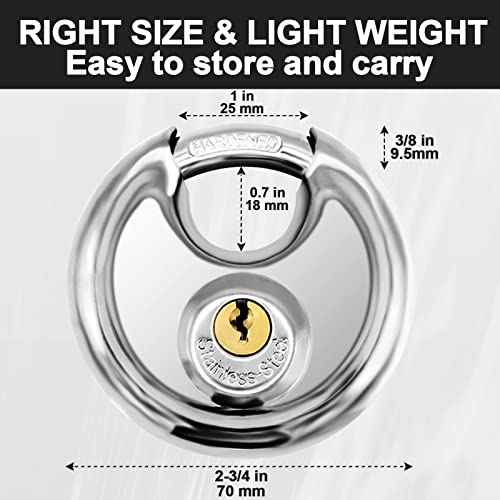 Vervida¢ç Keyed Padlock 70mm Waterproof Stainless Steel, 3/8 Inch Shackle Heavy-Duty Round Outdoor Lock for Storage Units & Garages 4-Pack with 12 Keys (Keyed Different)