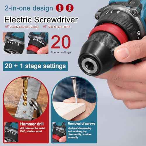 18V 2in1 Lithium Drill, Electric Screwdriver 45Nm Torque Brushless Motor Screw Driver with 2pcs Chargeable Battery Power Tool for Home Furniture Installation Automotive Electronics Repairing