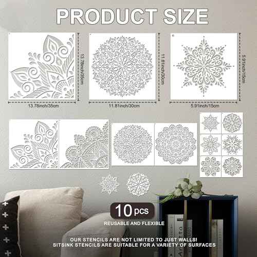 Mandala Stencils for Crafts Reusable - 10 Pcs Bohoemian Mindfulness Large Stencils for Painting on Wall Home Decor Furniture
