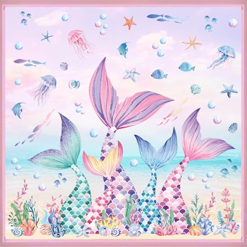 decalmile Mermaid Tail Window Clings Under The Sea Mermaid Bubble Seaweed Window Decals Anti-Collision Glass Window Doors Window Stickers