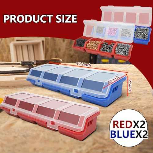 4 Pcs Screw Nail Organizers and Storage Bins with Lids, Stackable Plastic Divided Small Parts Storage Organizer for Garage Craft Tool, Tool Cart Cabinet Divided Drawers Organizers Storage