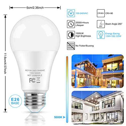 LED Light Bulbs, 100 Watt Equivalent A19 LED Bulbs, 13W 5000K Daylight White 1500 Lumens Non-Dimmable Bright E26 Edison Medium Screw Bulbs for Home Bedroom Living Room Office Outdoor Lamp, 30-Pack