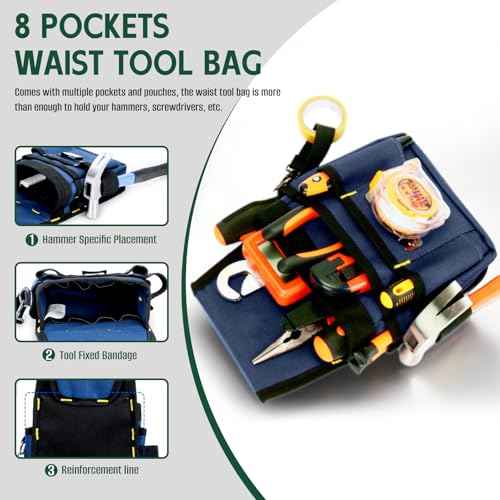 Waist Tool Bag, 8 Pockets and Screwdriver Loops Construction with Adjustable Belt, Carpenter's Tool belts, Small Tool Pouch, Tool Pouches, Tool Belts