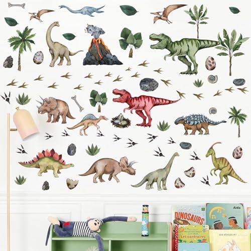 Large Dinosaur Wall Stickers Peel and Stick Dinosaur Footprint Wall Decals Tropical Leaf Palm Tree Wall Stickers Dino Feet Colorful Dinosaurs Wall Decals for Boys Room Bedroom Nursery