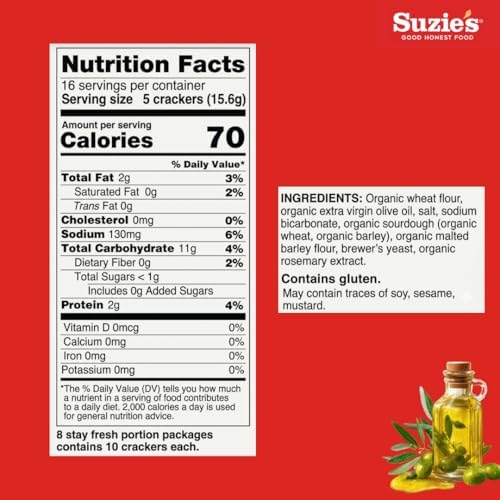 Suzie's Organic Saltines Crackers|Salted w/Extra Virgin Olive Oil|Low Saturated Fat|Healthy Gourmet Baked Vegan Snack for Adults & Children| 12 Packs (96 individual Stay Fresh Packs) - 8.8oz Each