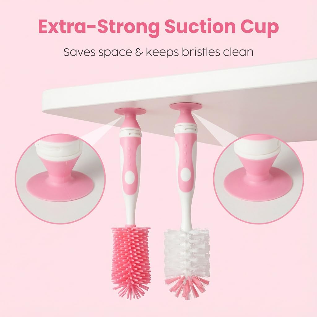 Ariseno 5-in-1 Baby Bottle Brush Set, Including Nylon and Silicone Bottle Brush, Cap, Straw, Nipple Brushes, BPA-Free (Pink)