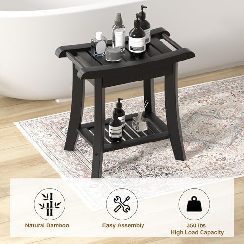 Bamboo Shower Bench Stool with Storage Shelf Small Shower Chair Seat for Inside Shower 19 x 10 x 18 Inches Black