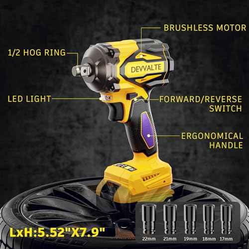 Cordless Impact Wrench for DeWalt 20V Battery,1/2 inch Power Impact Wrench, Brushless Electric Impact Gun 665Ft-lbs(900N.m) High Torque Impact Driver with 3-Mode, LED Work Light(No Battery)