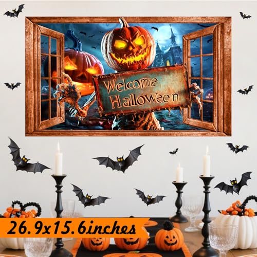 Halloween Decorations Stickers for Wall Spooky Pumpkin Bats Decals Scary Fake Window Wall Decal Peel and Stick Indoor Halloween Decor Monster Vinyl Art Mural for Living Room Haunted House Party Supply