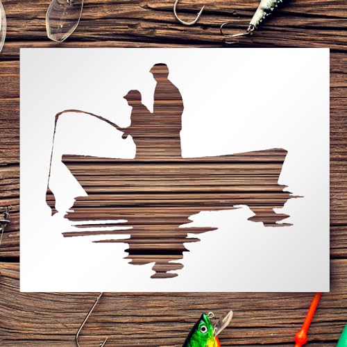Father and Son Fishing in Boat Stencil 8.5x11 Inch Reusable Template for DIY Crafts Painting Walls Wood Glass and Scrapbooking