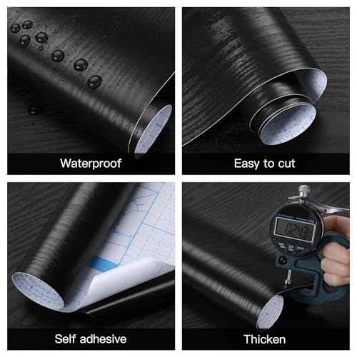 Ismoon Black Contact Paper Peel and Stick Wallpaper 17.5''x118''Wood Grain Contact Paper for Cabinets and Drawers Removable Self-Adhesive Modern Renter Friendly Wallpaper for Desk Countertops Vinyl