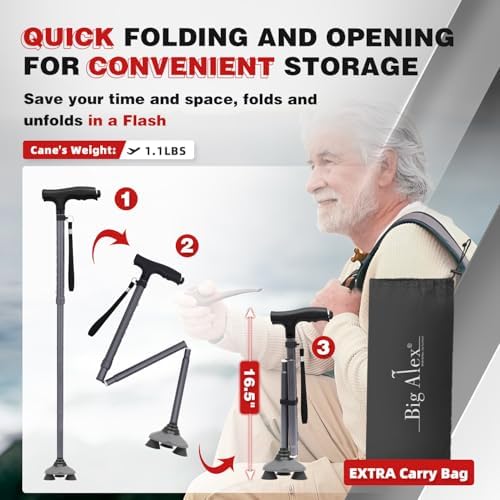 BigAlex Folding Walking Cane with LED Light, Lightweight Adjustable Canes for Women & Men, Free Standing Canes, Pivot Tip, Adjustable Travel Walking Aids with Carry Bag for Seniors Balance & Stability