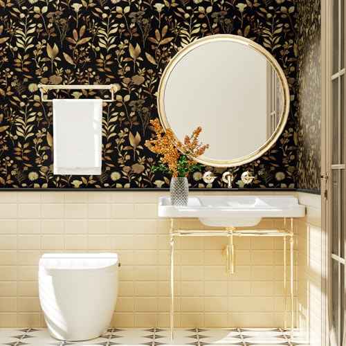 Gold Leaf Wallpaper 17.5" x 118" Blue Floral Contact Paper for Cabinet Waterproof Self Adhesive Wall Paper for Kitchen Countertop Wall