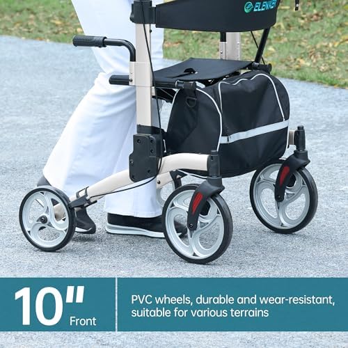 ELENKER Upright Walker, Stand Up Folding Rollator Walker with 10” Front Wheels Backrest Seat and Padded Armrests for Seniors and Adults, Silver