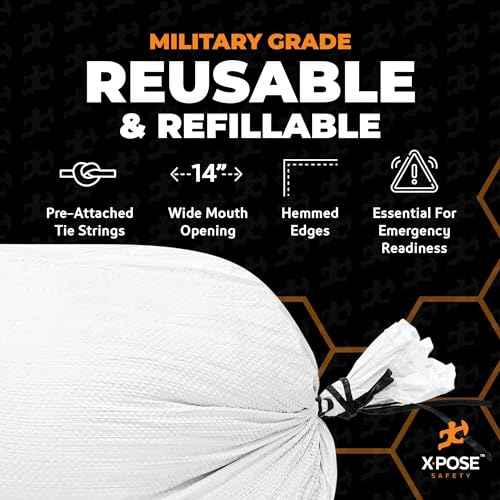 Xpose Safety Heavy Duty Sand Bags with Tie Strings ? Empty Woven Polypropylene Sandbags for Hurricane Flood Protection, 100 lb Capacity, 18" x 30", White, Pack of 20