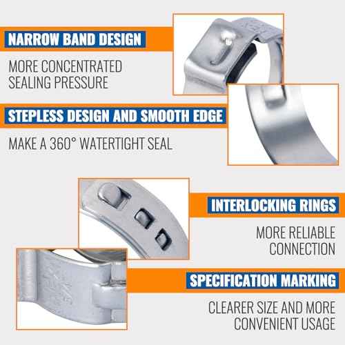 (60 Pack) SUNGATOR 1/2 Inch Pex Crimp Rings, Stainless Steel 1/2" Cinch Clamp Ring, Pex Clips for Tubing Pipes Connection, Single Ear Hose Clamp for Plumbers & DIY Users