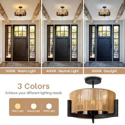 Boho Light Fixture,13.6'' Rattan Ceiling Lights,3-Light Coastal Semi Flush Mount Ceiling Light Fixture,Farmhouse Chandelier, Nursery Light Fixtures,Flush Mount Lights for Bedroom Entryway