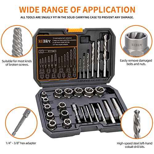 REBRA Screw Extractor and Left-Hand Drill Bit Set, Easy Out Broken Bolt Remover Reverse Cobalt HSS Steel Drill Kit, Ez Out Stripped, Rounded-Off, Damaged Bolts, Screws&Studs Removal Tool (26-Pieces)