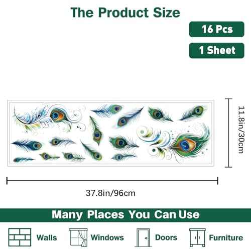 PLIGREAT Peacock Feathers Wall Stickers, Removable Vinyl Peel and Stick Wall Decals Green Tail Feathers Wall Decors for Living Room Bedroom Office Home Indoor DIY TV Background Wall Decoration