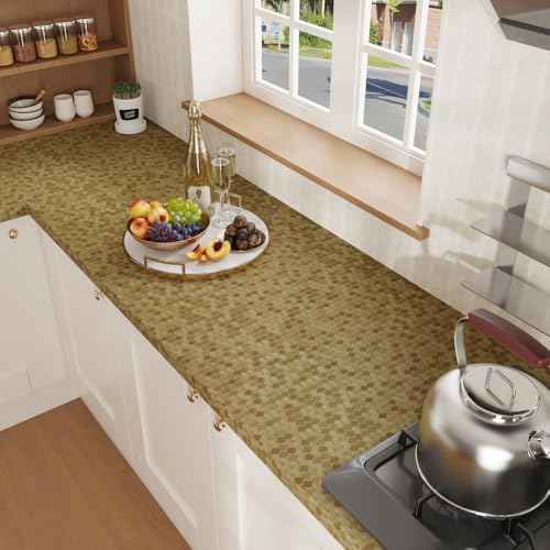 CRE8TIVE Metallic Mustard Gold Peel and Stick Wallpaper Textured 12"x80" Hexagon Honeycomb Gold Wallpaper for Kitchen Fridge Vinyl Wrap Waterproof Adhesive Metallic Contact Paper for Cabinets Drawers
